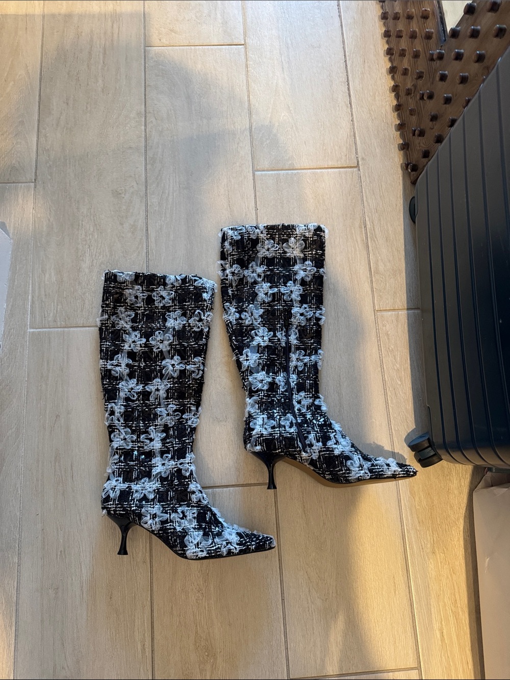Betsey Johnson Black & White Floral Sequin Embellished Knee-High Heeled Boot